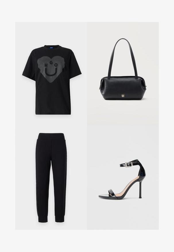 Sort t-shirt, oversized pasform, med en stor hjertegrafik og teksten "HGO" samt en smilende ansigt i blank finish på fronten.; Sorte sweatpants med tætsiddende ben, der har en bred elastisk talje og strukturerede sidelapper. Lavet af et blødt, strækbart materiale.; Sort højhælet sandal i laklæder med ankelrem. Har minimalistisk design, åben tå og spænde med rhinsten-detaljer.; Sort læder rektangulær skuldertaske med lange remme og lille gyldent "HUGO" logo foran i midten.