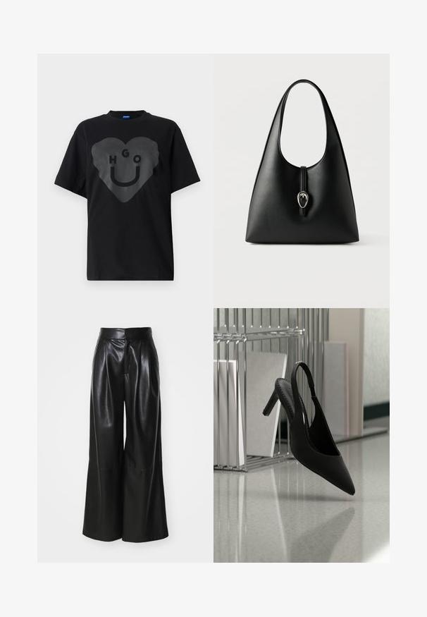 Sort t-shirt, oversized pasform, med en stor hjertegrafik og teksten "HGO" samt en smilende ansigt i blank finish på fronten.; Sorte faux læder brede bukser med høj talje, plisseret foran og glat tekstur. Har et rent, minimalistisk design.; Sort spids tå slingback højhælet sko svævende i luften over en skinnende gulv med stablede ringbind i baggrunden.; Sort læderhåndtaske med et enkelt håndtag og en sølvspænde med remlukning på en hvid baggrund.