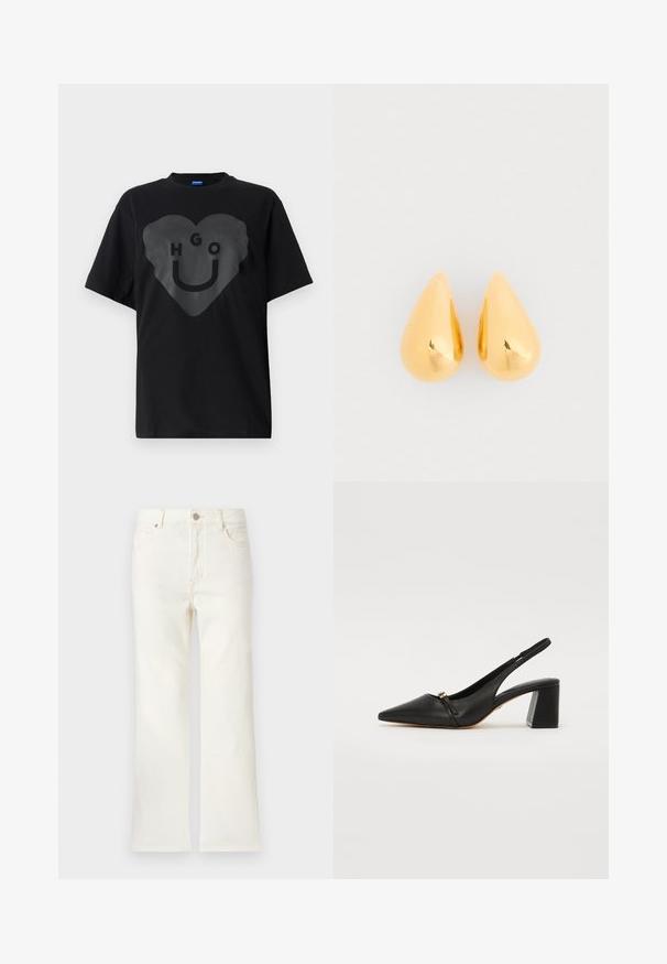 Zwarte t-shirt, oversized pasvorm, met een grote hartgrafiek met de tekst "HGO" en een smiley gezicht in een glanzende afwerking op de voorkant.; Crèmekleurige jeans met rechte pijpen, een hoge taille, voorzakken, een knoopsluiting en riemlussen tegen een effen achtergrond.; Zwarte leren slingback hak schoen met een spitse neus, een kleine voorriem en een blokhak. Glad textuur met gouden accentdetails.; Gouden druppelvormige oorbellen met een gladde, gepolijste oppervlakte en ronde onderkanten, die het licht weerkaatsen met een glanzende afwerking.