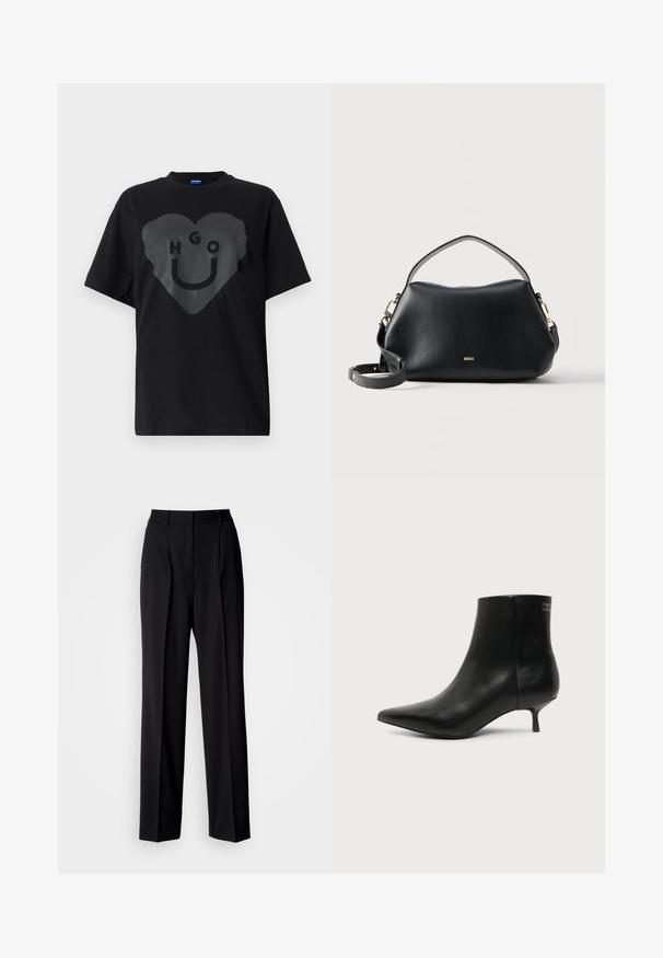 Zwarte t-shirt, oversized pasvorm, met een grote hartgrafiek met de tekst "HGO" en een smiley gezicht in een glanzende afwerking op de voorkant.; Zwarte, op maat gemaakte broek met een hoge taille, plooien en een wijde pijp. Gemaakt van gladde stof, met een vlakke voorkant en lussen voor een riem.; Zwart leren enkellaars met puntige neus en lage kittenhak op lichte achtergrond, zijaanzicht buitenkant.; Zwarte leren handtas met korte en lange banden, gouden hardware en het "BOSS"-logo in het midden aan de voorkant.