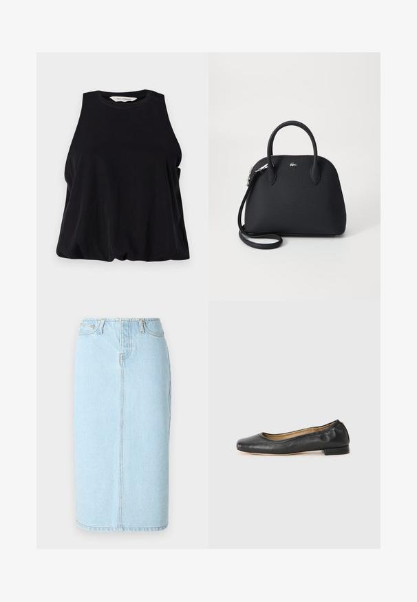 Top noir sans manches en tissu doux, doté d'un col rond et d'une coupe ample qui tombe doucement au niveau de l'ourlet. Pas de motifs ni d'accents visibles.; Jupe crayon en denim bleu clair avec taille haute, design à cinq poches et détails de couture subtils le long des coutures.; Ballerines en cuir noir avec un bout arrondi et des coutures minimales. Talon bas et rectangulaire avec une texture lisse. Détails subtils de doublure intérieure.; Sac à main noir en matériau texturé, doté de deux poignées supérieures et d'une bandoulière amovible, avec un accent logo en argent.