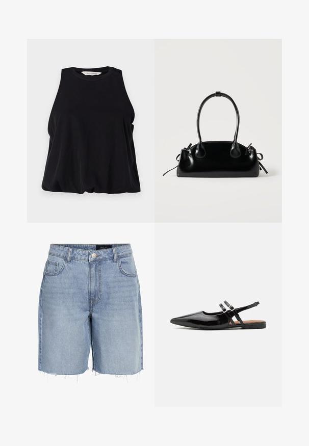Top noir sans manches en tissu doux, doté d'un col rond et d'une coupe ample qui tombe doucement au niveau de l'ourlet. Pas de motifs ni d'accents visibles.; Shorts en denim bleu clair à taille haute, avec cinq poches, un ourlet effiloché et une fermeture à bouton classique. Fabriqué à partir d'un tissu doux et texturé.; Des chaussures slingbacks en cuir verni noir présentent un bout pointu, deux sangles avec des accents de boucle, et une semelle plate.; Petit sac à main noir brillant avec deux longues anses et des détails à cordon sur les côtés sur un fond clair uni.
