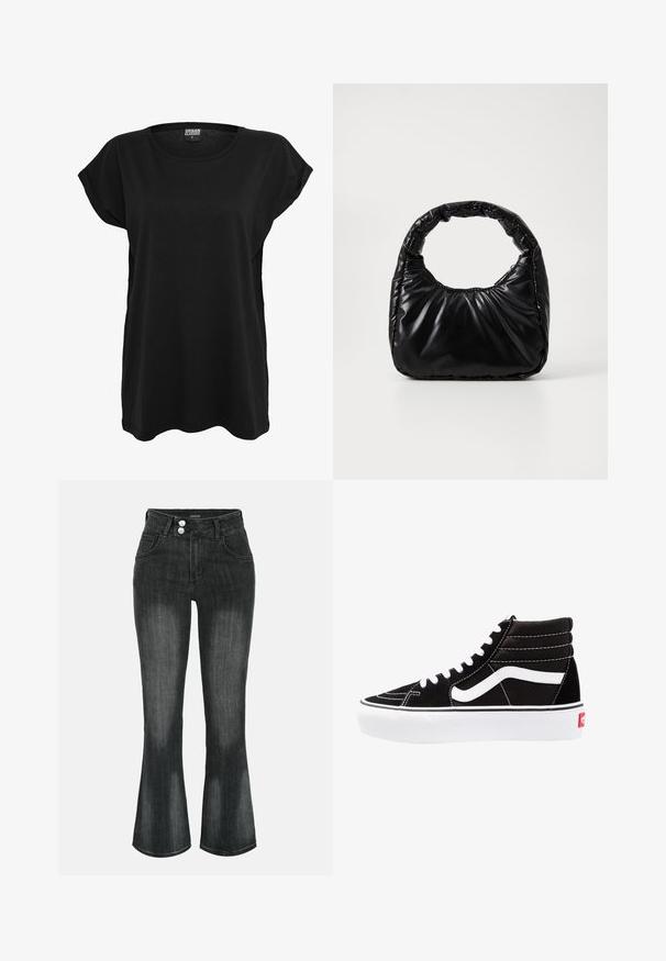 T-shirt en coton noir avec des manches courtes, un col rond et une coupe décontractée. Présente une étiquette sur le col. Texture lisse et design simple.; Jean en denim noir délavé à taille haute, fermeture double bouton, poches avant et jambes légèrement évasées.; Baskets montantes noires avec des lacets blancs, un logo blanc et des coutures blanches contrastées. Dotées d'une épaisse semelle blanche et d'un dessus en daim texturé.; Sac à main noir rembourré avec une poignée arrondie, présentant une surface lisse et brillante ainsi qu'une texture douce et matelassée. Pas de quincaillerie ou d'accents visibles.