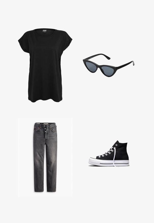 T-shirt en coton noir avec des manches courtes, un col rond et une coupe décontractée. Présente une étiquette sur le col. Texture lisse et design simple.; Jeans en denim noir avec une coupe droite, cinq poches, fermeture à bouton et détails de couture contrastés. Tissu texturé avec une finition délavée.; Baskets montantes en toile noire avec semelle en caoutchouc blanche et lacets blancs, vues de côté sur un fond blanc.; Lunettes de soleil noires en forme d'œil de chat avec des verres gris foncé, monture en plastique élégante, coins pointus et branches droites. Pas de métal visible ni d'accents.