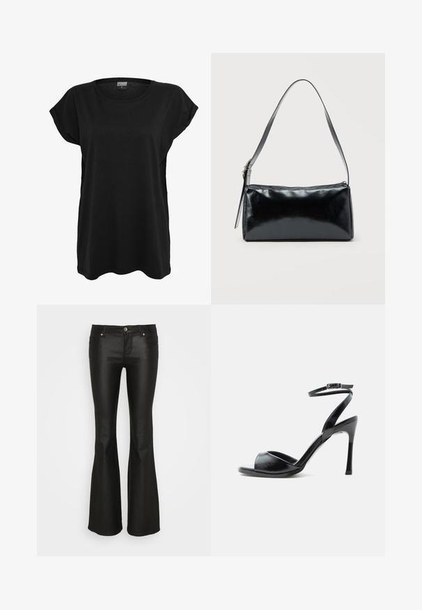 T-shirt en coton noir avec des manches courtes, un col rond et une coupe décontractée. Présente une étiquette sur le col. Texture lisse et design simple.; ONLY ONLTIGER LOW WAISTED FLARED - Pantalon classique - black; Sandale noire à talon haut avec bout ouvert, talon stiletto fin et bride de cheville avec boucle sur fond blanc.; Sac d'épaule rectangulaire noir avec une sangle réglable unique et une fermeture éclair supérieure sur un fond uni.