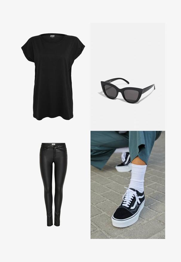 T-shirt en coton noir avec des manches courtes, un col rond et une coupe décontractée. Présente une étiquette sur le col. Texture lisse et design simple.; Pantalons en faux cuir noir slim-fit avec bouton avant, fermeture à glissière et passants de ceinture, présentés sur un fond blanc.; Baskets en suède noir avec des accents et des lacets blancs, présentant une épaisse semelle blanche et des coutures contrastantes, associées à une chaussette blanche.; Lunettes de soleil noires en forme d'œil de chat avec une finition mate, dotées de verres teintés gris, d'angles aigus et de branches élégantes. Nom de la marque visible sur la branche intérieure.