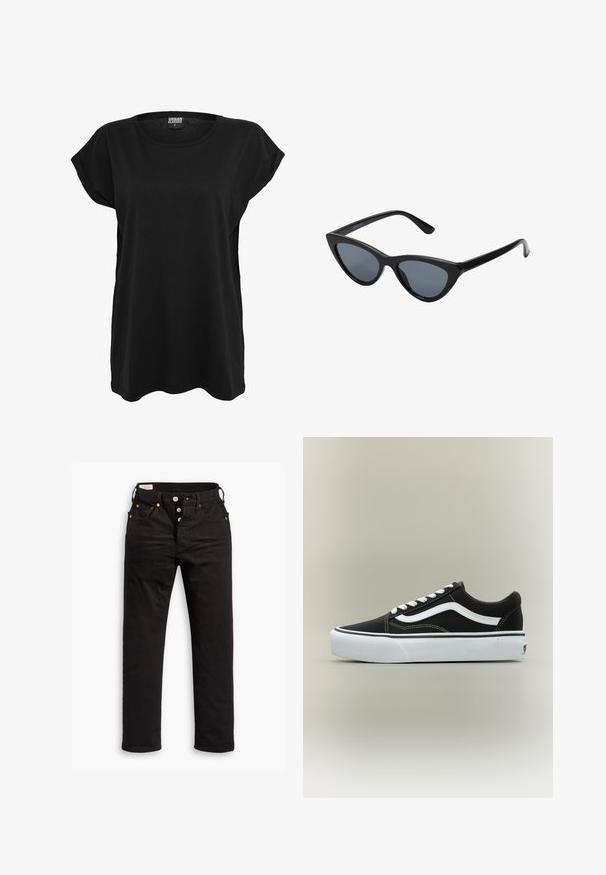 T-shirt en coton noir avec des manches courtes, un col rond et une coupe décontractée. Présente une étiquette sur le col. Texture lisse et design simple.; Jean noir à jambe droite avec fermeture à boutons, poches avant et arrière, et détails en rivets cuivrés sur fond blanc.; Baskets basses noires avec bande blanche latérale, lacets blancs, semelle en caoutchouc blanche et bout texturé sur fond neutre.; Lunettes de soleil noires en forme d'œil de chat avec des verres gris foncé, monture en plastique élégante, coins pointus et branches droites. Pas de métal visible ni d'accents.