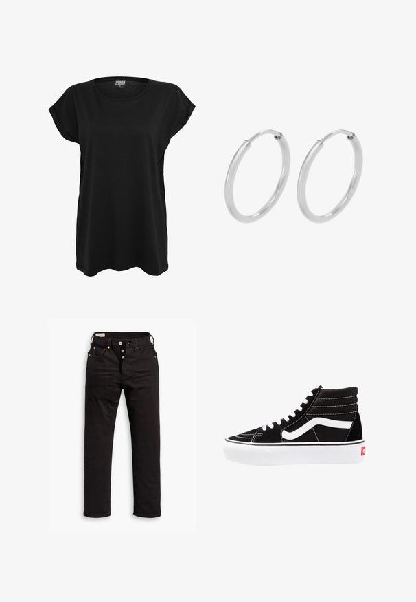 T-shirt en coton noir avec des manches courtes, un col rond et une coupe décontractée. Présente une étiquette sur le col. Texture lisse et design simple.; Jean noir à jambe droite avec fermeture à boutons, poches avant et arrière, et détails en rivets cuivrés sur fond blanc.; Baskets montantes noires avec des lacets blancs, un logo blanc et des coutures blanches contrastées. Dotées d'une épaisse semelle blanche et d'un dessus en daim texturé.; Boucles d'oreilles en argent, de forme circulaire, avec une texture lisse et brillante, et une largeur constante. Design minimaliste sans accents supplémentaires.
