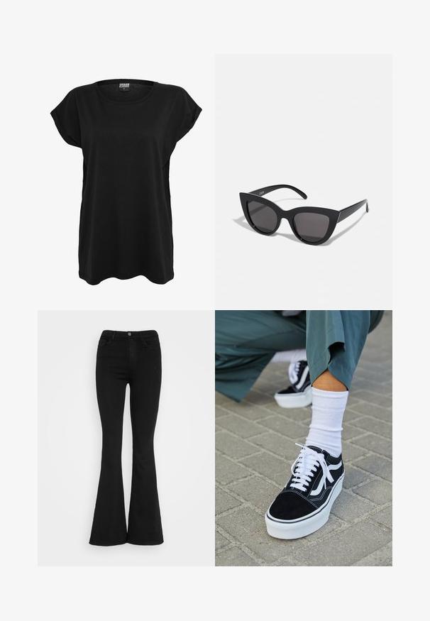 T-shirt en coton noir avec des manches courtes, un col rond et une coupe décontractée. Présente une étiquette sur le col. Texture lisse et design simple.; Jean flare noir taille haute avec bouton et fermeture éclair à l'avant, deux poches avant et passants de ceinture sur fond blanc.; Baskets en suède noir avec des accents et des lacets blancs, présentant une épaisse semelle blanche et des coutures contrastantes, associées à une chaussette blanche.; Lunettes de soleil noires en forme d'œil de chat avec une finition mate, dotées de verres teintés gris, d'angles aigus et de branches élégantes. Nom de la marque visible sur la branche intérieure.