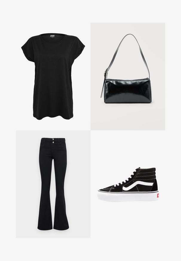 T-shirt en coton noir avec des manches courtes, un col rond et une coupe décontractée. Présente une étiquette sur le col. Texture lisse et design simple.; ONLY ONLRAIN FLARED - Jean flare - washed black; Baskets montantes noires avec des lacets blancs, un logo blanc et des coutures blanches contrastées. Dotées d'une épaisse semelle blanche et d'un dessus en daim texturé.; Sac d'épaule rectangulaire noir avec une sangle réglable unique et une fermeture éclair supérieure sur un fond uni.