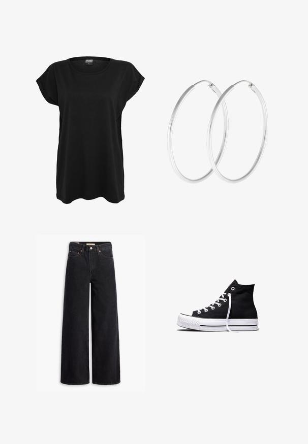 T-shirt en coton noir avec des manches courtes, un col rond et une coupe décontractée. Présente une étiquette sur le col. Texture lisse et design simple.; Jean noir à jambe large en denim, comportant cinq poches, des rivets en laiton et une fermeture à bouton classique. Texture lisse avec un design épuré.; Baskets montantes en toile noire avec semelle en caoutchouc blanche et lacets blancs, vues de côté sur un fond blanc.; Boucles d'oreilles en argent, de forme ronde lisse et finition polie. Les deux boucles d'oreilles sont de la même taille et disposent d'un mécanisme de fermeture sécurisé.