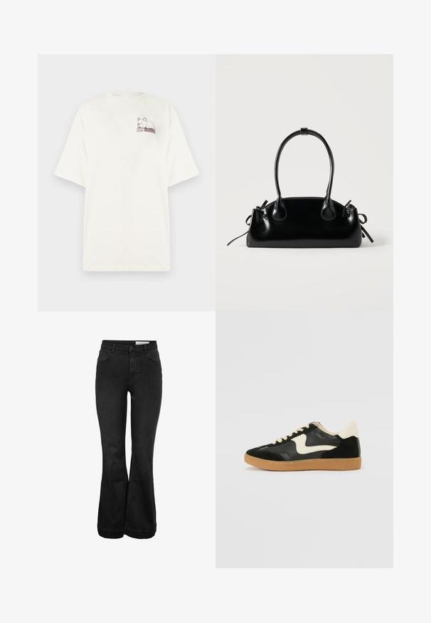 T-shirt blanc à manches courtes avec un petit bouledogue en contour et le texte "Slow Morning" imprimé sur le côté gauche de la poitrine.; Jeans noirs évasés taille haute avec fermeture à boutons et zip, poches avant et petite poche, et passants pour ceinture.; Baskets en daim et cuir noir avec un swoosh latéral crème et un talon crème clair. Dotées de lacets beige et d'une semelle en caoutchouc gomme.; Petit sac à main noir brillant avec deux longues anses et des détails à cordon sur les côtés sur un fond clair uni.