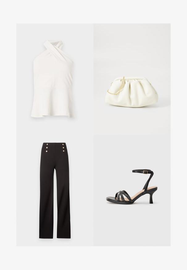 Haut blanc sans manches avec un décolleté halter croisé et un ourlet évasé, présenté sur un fond clair uni.; Pantalon noir taille haute à jambes larges avec six boutons décoratifs dorés disposés en deux rangées verticales près de la taille.; Sandales à talons noirs avec plusieurs fines lanières sur le bout, une seule lanière à la cheville avec une boucle dorée, et un bout carré.; Sac à main en cuir blanc avec un design plissé, doté d'une bandoulière en chaîne dorée et d'une forme arrondie. Texture lisse avec des plis doux et sans motifs.