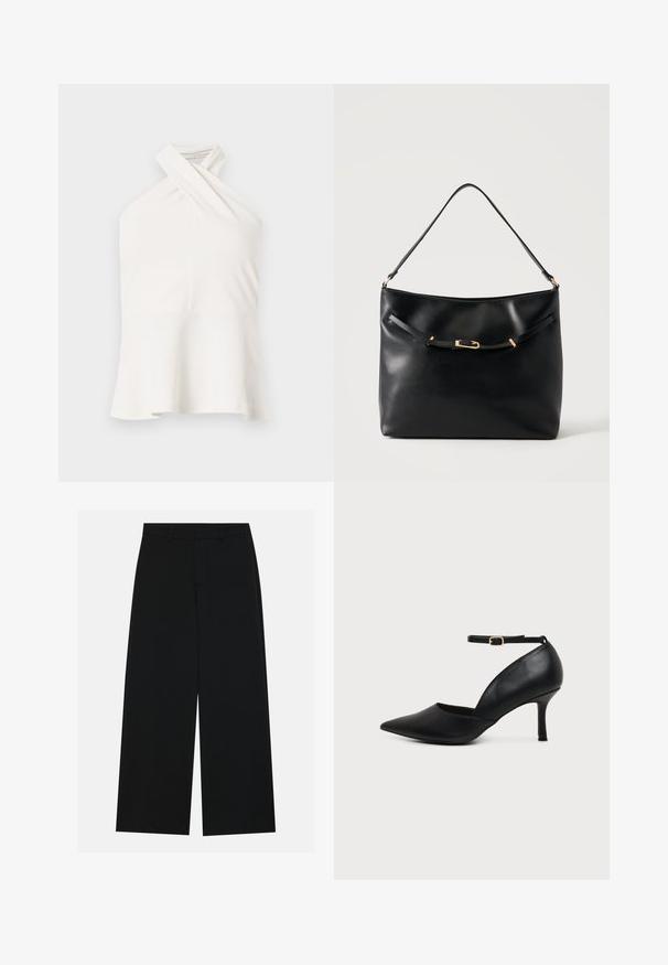 Haut blanc sans manches avec un décolleté halter croisé et un ourlet évasé, présenté sur un fond clair uni.; Pantalons noirs à jambe large en tissu lisse. Dotés d'une taille plate avec passants de ceinture et sans poches visibles. Design simple.; Chaussure en cuir noir à bout pointu avec talon kitten, bride à la cheville et boucle dorée sur fond neutre.; Sac à épaule en cuir noir avec une bandoulière unique et un petit détail de boucle dorée à l'avant, sur un fond clair uni.