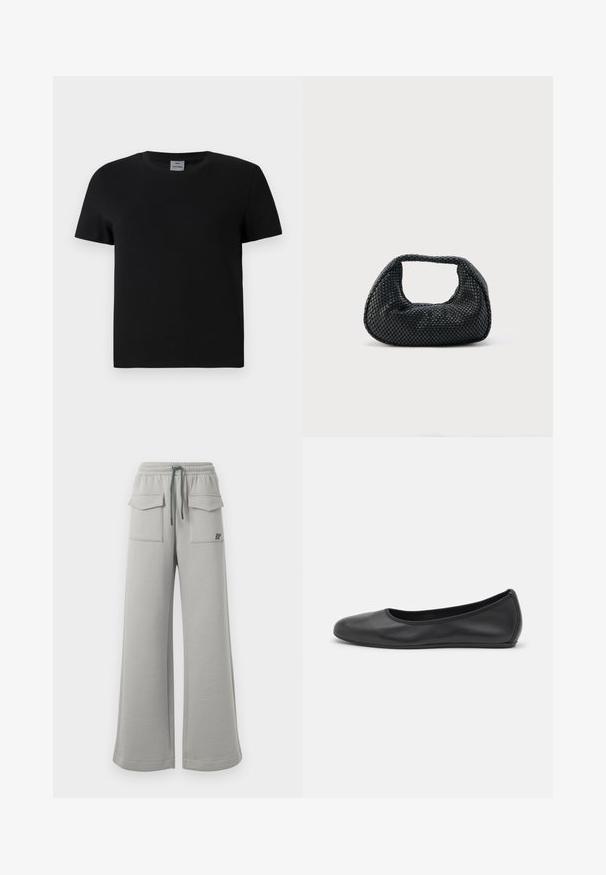 T-shirt en coton noir avec un col ras du cou et des manches courtes. Design simple, sans motifs ni accents, avec une coupe droite à la taille.; Pantalon de survêtement large gris clair avec une taille élastique, cordon de serrage vert et deux poches avant plaquées. Présente le logo "BP" en noir.; Ballerines en cuir noir avec un bout rond, texture lisse, détails de couture minimalistes et design de semelle flexible.; Sac hobo tissé noir avec une structure souple et une poignée intégrée, présenté sur un fond clair uni.