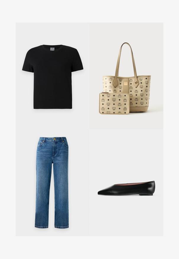 T-shirt en coton noir avec un col ras du cou et des manches courtes. Design simple, sans motifs ni accents, avec une coupe droite à la taille.; Jean taille haute bleu avec une coupe droite, en denim, comportant cinq poches et des détails en métal doré.; Chaussure plate en cuir noir pour femme, avec bout pointu et petit talon, vue de côté sur un fond gris clair uni.; Sac cabas beige MCM et pochette zippée assortie avec logo noir et motifs losanges sur cuir texturé.