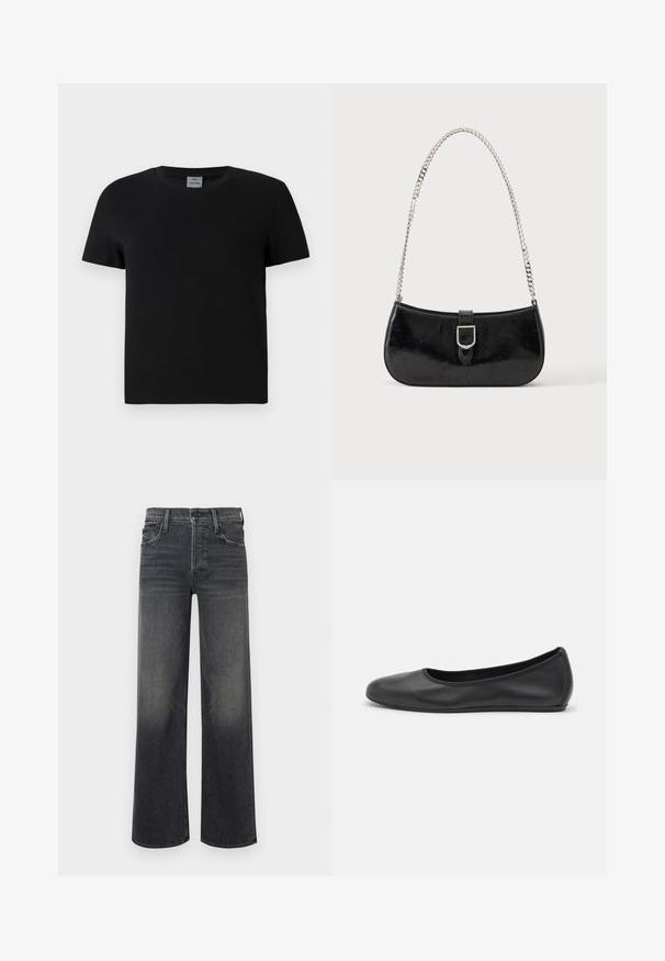 Camiseta de algodón negra con cuello redondo y mangas cortas. Diseño sencillo, sin patrones ni acentos, con un corte recto en la cintura.; Jeans de pierna ancha en denim gris oscuro, con un sutil efecto desvanecido. Diseño clásico de cinco bolsillos con trabillas para el cinturón y costuras visibles.; Bailarina de piel negra con punta redondeada, textura suave, detalle de costura minimalista y diseño de suela flexible.; Bolso de hombro de charol negro con detalle de hebilla plateada y correa de cadena plateada, presentado sobre un fondo liso y claro.