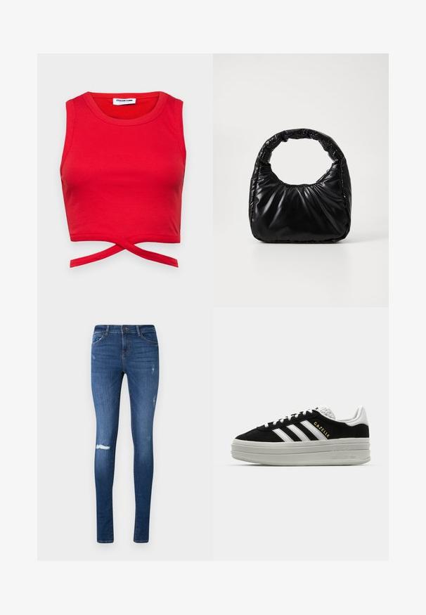 Top corto de algodón rojo con textura acanalada, diseño sin mangas y un detalle de nudo en la parte delantera para una apariencia ajustada.; Jeans ajustados, de color azul oscuro con un lavado descolorido, rodilla desgastada y diseño de cinco bolsillos. Fabricados con denim con un ligero estiramiento.; Zapatillas negras de ante con detalles en cuero blanco, tres rayas blancas, cordones planos y una gruesa suela de plataforma gris. Marca "Gazelle" en dorado.; Bolso negro acolchado con un asa redondeada, que presenta una superficie lisa y brillante y una textura suave y acolchada. Sin herrajes ni acentos visibles.