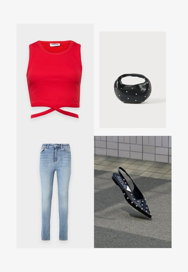Červený bavlnený crop top s rebrovanou textúrou, bezrukávovým dizajnom a uzlom vpredu pre priliehavý vzhľad.; Úzke džínsy z explozívne svetlo modrého denimu, s vysokým pásom, jemným vyblednutím, štandardným dizajnom s piatimi vreckami a zapínaním na zips s gombíkom.; Čierna špičatá slingback obuv z hladkého materiálu, s striebornými cvočkami, plochou podrážkou a logom na stielke.; Čierna kožená kabelka s zaobleným tvarom, zdobená striebornými cvočkami a krátkym rúčkou. Hladká textúra a zapínanie na zips.