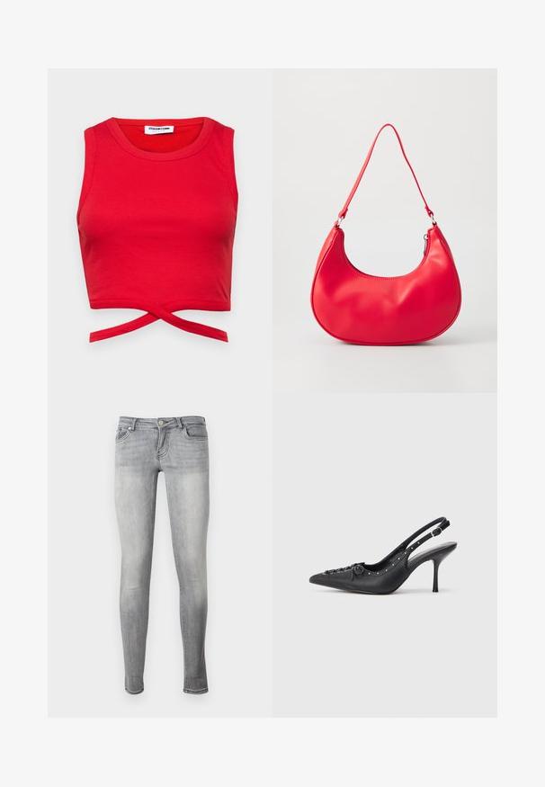 Červený bavlnený crop top s rebrovanou textúrou, bezrukávovým dizajnom a uzlom vpredu pre priliehavý vzhľad.; Úzke sivé rifle s efektom vyblednutia, predným gombíkom, zipsom a piatimi vreckami, zobrazené na čistom bielom pozadí.; Čierne kožené slingback lodičky na ihličkovom podpätku s špicatou špičkou, bočným zipsom, cvokmi pozdĺž okraja a dekoračným šnurovaním na prednej strane.; Červená syntetická kožená taška na rameno s prekrouhleným tvarom, úzkym popruhom a zipsovým uzáverom. Hladký povrch s viditeľnými švovými detailmi.