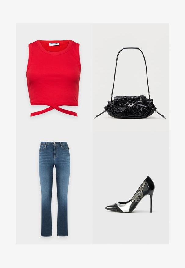 Rød bomulds crop top med ribbet tekstur, ærmeløs design og en knyttet detalje foran for et tæt fit.; Mellem-høje, slim-fit blå cowboybukser i denim med fem lommer og knaplukning, med diskrete falmninger på lår og underben.; Sorte og sølv højhælede pumps med spids tå, der har et mesh sidepanel med slangeskindsprint og en elegant stilettohæl.; Sort læderhåndtaske med et opsamlet design og sløjfedetalje foran. Har en kort hank og sølvfarvede hardware-accenter.
