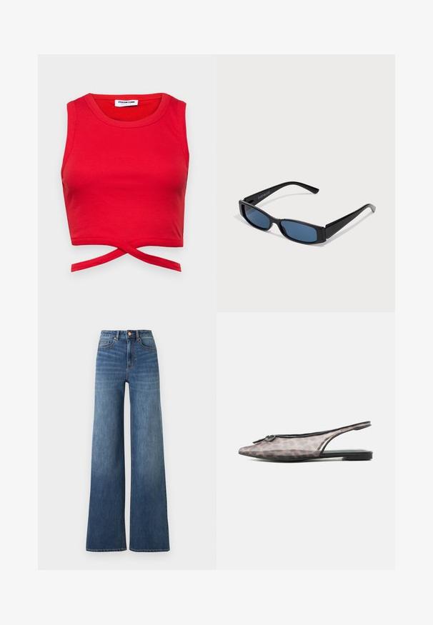 Rød bomulds crop top med ribbet tekstur, ærmeløs design og en knyttet detalje foran for et tæt fit.; Blå cowboybukser med høj talje, brede ben, knap- og lynlåslukning foran samt lommer foran og bagpå.; Flade slingback-sko med spids tå, gennemsigtigt leopardmønster og en lille rund dekoration nær tåen.; Sorte solbriller med en slank rektangulær ramme og blå linser. Har en glat overflade og robuste stænger. Mærkets logo på siden.