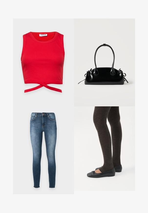 Top corto de algodón rojo con textura acanalada, diseño sin mangas y un detalle de nudo en la parte delantera para una apariencia ajustada.; Jeans ajustados en denim azul oscuro. Cuentan con una cintura de altura media, diseño de cinco bolsillos y un leve desgastado. El dobladillo tiene un acabado sin rematar.; Piernas con leggings oscuros acanalados combinados con bailarinas negras que presentan pequeños detalles de lazo sobre un fondo blanco.; Pequeño bolso negro brillante con dos asas largas y detalles de cordón lateral sobre un fondo claro liso.