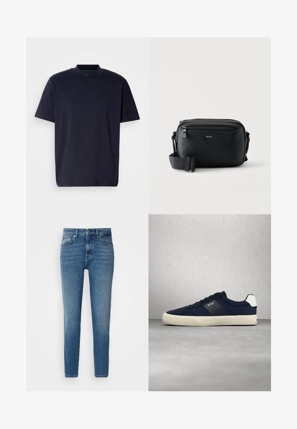 Marineblaues T-Shirt mit hohem Ausschnitt und kurzen Ärmeln. Hergestellt aus weichem Stoff, mit einem schlichten Design ohne Muster oder Verzierungen.; Helle blaue Denim-Jeans mit geradem Schnitt, traditionellem Fünf-Taschen-Design, Metallknopfverschluss und dezentem Verblassen an der Vorderseite.; Marineblaue BOSS-Sneaker mit weißer Sohle und Fersendetail, schwarzen Schnürsenkeln, schwebend vor einem Hintergrund aus grauem Boden und Glaswand.; Schwarze Leder-Umhängetasche mit Frontreißverschlusstasche und verstellbarem Stoffriemen, vorne mit "BOSS"-Logo.
