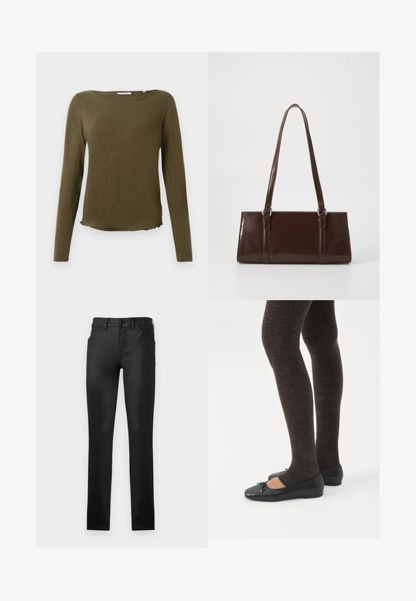 Camisa de manga larga verde oliva con escote redondo, textura suave, dobladillo recto y sutil detalle en las costuras laterales. Tela ligera.; TOM TAILOR TTLUCIE SKINNY FIT - Vaqueros pitillo - coated black denim; Piernas con leggings oscuros acanalados combinados con bailarinas negras que presentan pequeños detalles de lazo sobre un fondo blanco.; Bolso de mano de piel sintética marrón con forma rectangular, dos asas largas y sutiles acentos curvados en la parte delantera.