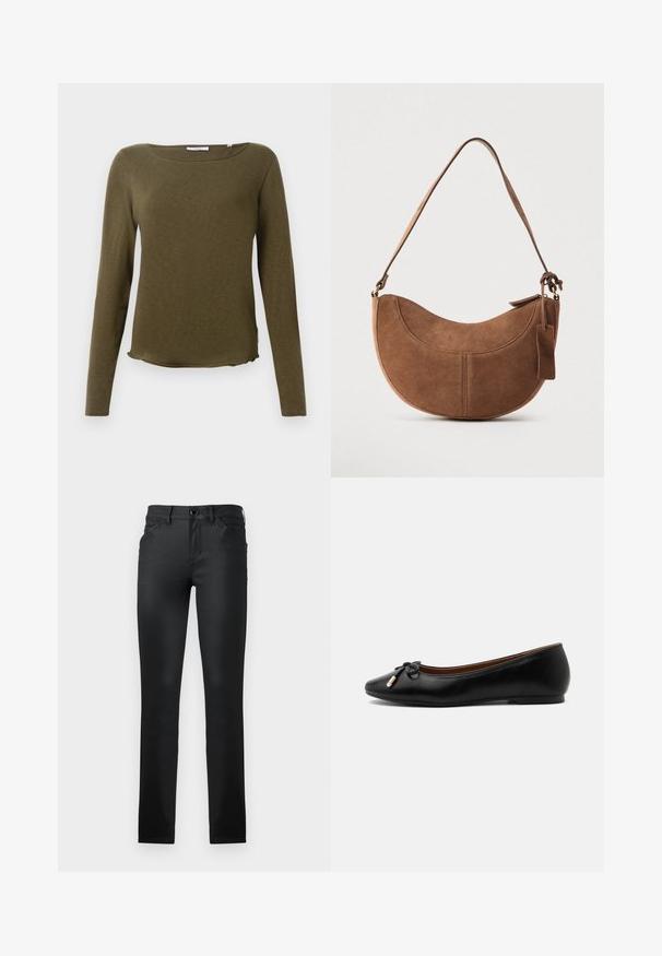 Camisa de manga larga verde oliva con escote redondo, textura suave, dobladillo recto y sutil detalle en las costuras laterales. Tela ligera.; TOM TAILOR TTLUCIE SKINNY FIT - Vaqueros pitillo - coated black denim; Zapato bailarín plano de cuero negro con punta redondeada, pequeño lazo con extremos dorados y un tacón bajo y plano sobre fondo gris.; Bolso de ante marrón con forma curva de media luna. Cuenta con una correa para el hombro, una pequeña etiqueta y costuras visibles a lo largo de los bordes.