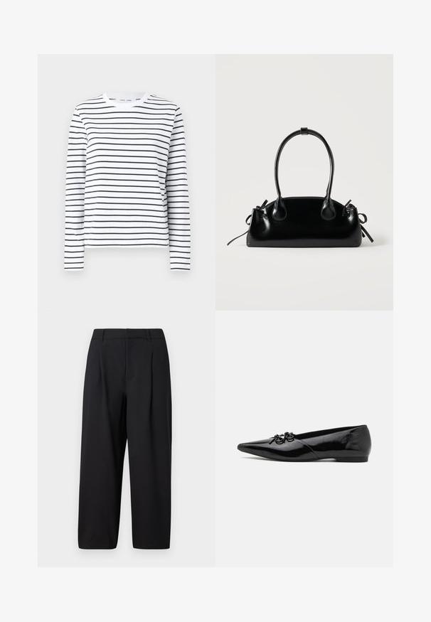 Chemise à manches longues en coton blanc avec des rayures horizontales noires. Présente un col rond et une coupe décontractée. Pas d'accents ou de motifs notables.; Pantalon noir avec une coupe décontractée, devant plissé, taille plate et texture lisse. Coupé à une longueur raccourcie, adapté pour un usage formel ou décontracté.; Ballerines en cuir verni noir avec un bout pointu, présentant un nœud décoratif à l'avant et un design de talon bas et élégant.; Petit sac à main noir brillant avec deux longues anses et des détails à cordon sur les côtés sur un fond clair uni.