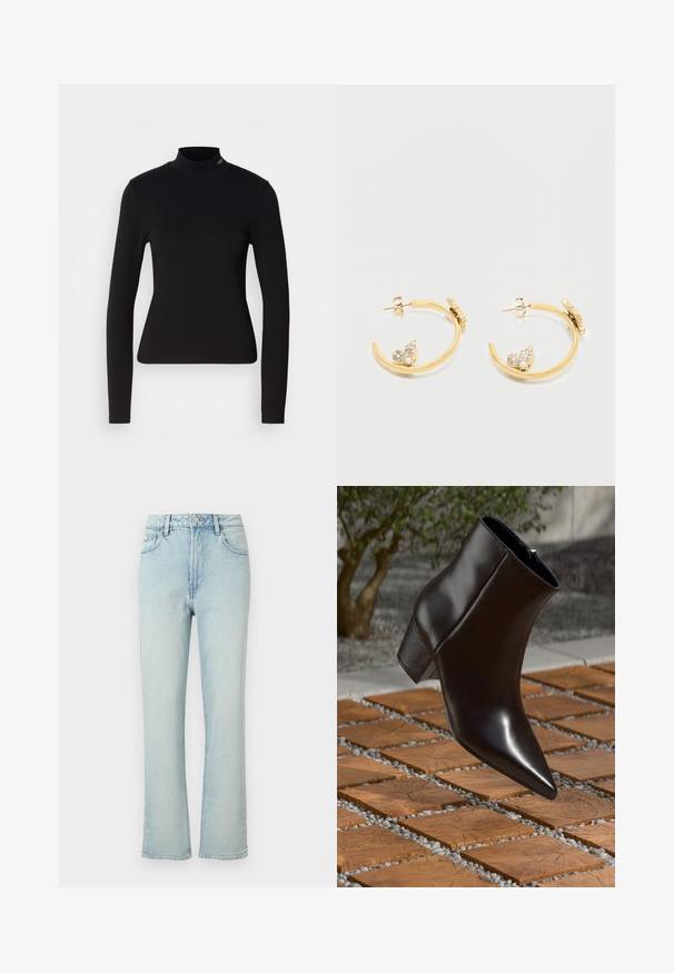 Zwarte langwerpige turtleneck top van gladde stof, met een nauwsluitende pasvorm en een klein logo accent nabij de halslijn.; Lichtblauwe jeans met hoge taille en rechte pijpen, met voorste knoop, riemlussen en klassiek ontwerp met vijf zakken tegen een effen achtergrond.; Zwarte leren enkelboot met een spitse neus, blokhak en een gladde textuur, gepositioneerd boven een houten en grindoppervlak.; Gouden oorringen in de vorm van een hoepel met kleine, bladachtige versieringen die bij de basis zijn versierd met parels en kristallen, weergegeven op een witte achtergrond.