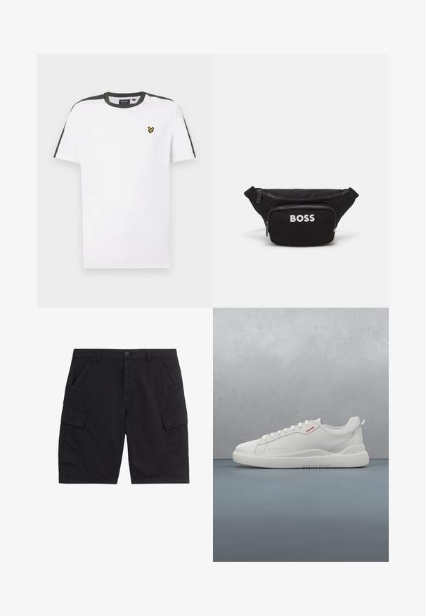 Witte katoenen T-shirt met een ronde hals, zwarte schouderaccenten en een klein geel logo op de linkerkant van de borst. Korte mouwen.; Zwarte cargoshorts met knoop en ritssluiting aan de voorkant, twee zijzakken, twee cargozakken met klep en riemlussen.; Witte sneaker met een gladde leren afwerking, ronde neus, vier veterogen, subtiele perforaties en een rood logo detail aan de zijkant.; Zwarte stoffen heuptas met een voorkant met rits, een groot hoofdcompartiment en een witte "BOSS" logo op de voorkant. Gladde textuur, gestructureerde vorm.