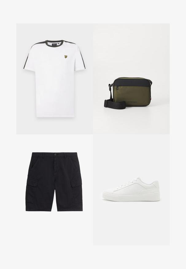 Witte katoenen T-shirt met een ronde hals, zwarte schouderaccenten en een klein geel logo op de linkerkant van de borst. Korte mouwen.; Zwarte cargoshorts met knoop en ritssluiting aan de voorkant, twee zijzakken, twee cargozakken met klep en riemlussen.; Witte lage sneakers van glad leer, met een ronde neus, platte zolen en subtiele branding aan de zijkant.; Khaki schoudertas met zwart bovenstuk, voorzien van een verstelbare riem, ritssluiting en een reliëflogo aan de voorkant. Glad, duurzaam materiaal.