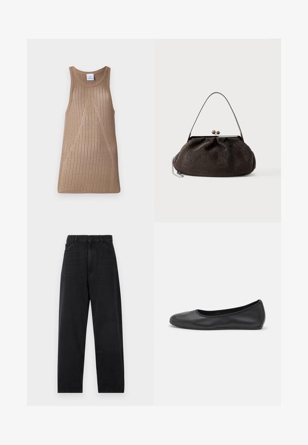 Beige, udenærmet strik top med ribbet tekstur, der har en A-formet silhuet og subtile skrå syninger.; Sorte denimjeans med høj talje, lige ben-design, knaplukning og klassisk fem-lomme stil. Glat tekstur med diskret syning.; Sort læderballetsko med rund tå, glat tekstur, minimal syning og et fleksibelt såldesign.; Lille mørkebrun håndtaske med tekstur, kort rem, metalramme og lukning med spænde, hvilende på en ensfarvet lys baggrund.