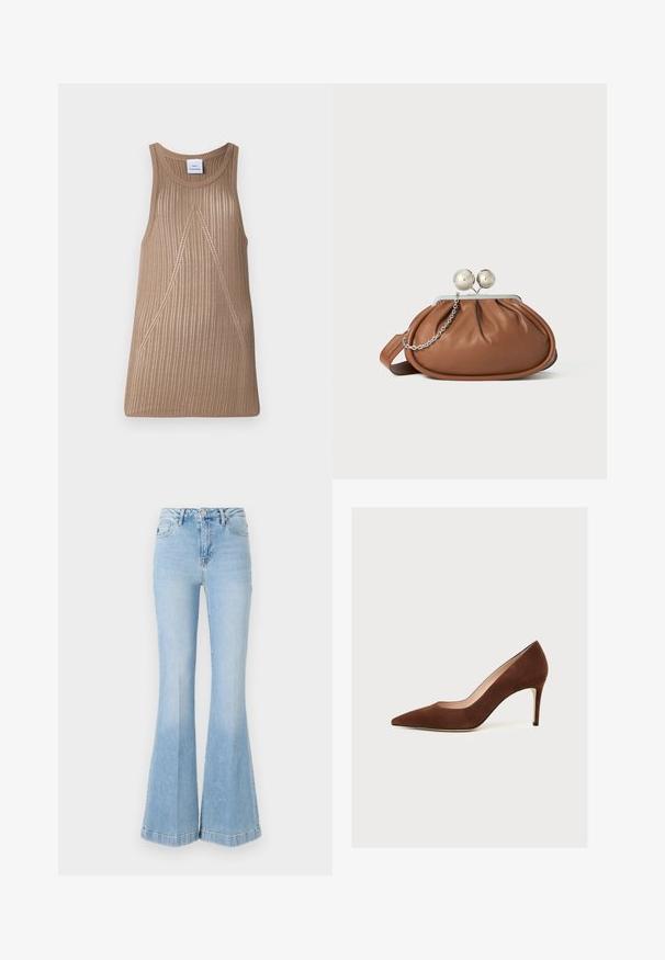 Beige, udenærmet strik top med ribbet tekstur, der har en A-formet silhuet og subtile skrå syninger.; Lyseblå flagrende jeans lavet af denim, med høj talje, forlommer og subtil falming samt en ren kant.; Brun ruskind med spids tå og høj hæl med en slank stiletthæl, vist i profil mod en hvid baggrund.; Brun læder clutch-pung med sølv kugleklap og en lille sølv kædedetalje på en hvid baggrund.
