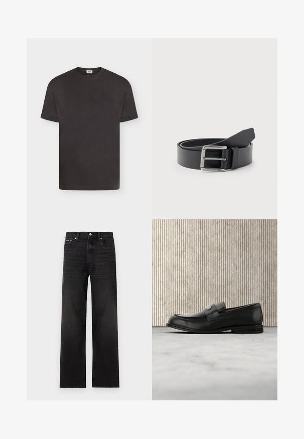 T-shirt noir basique à manches courtes et col rond avec un design de revers plié sur les manches, présenté sur fond blanc.; Jean noir droit avec cinq poches, passants pour ceinture et fermeture par bouton, présenté sur un fond blanc.; Mocassin en cuir noir avec une plaque de marque en métal reposant près d'une table ronde marron sur un sol recouvert de moquette beige.; Ceinture en cuir noir enroulée avec une boucle métallique rectangulaire argentée gravée "BOSS" sur un fond gris clair.