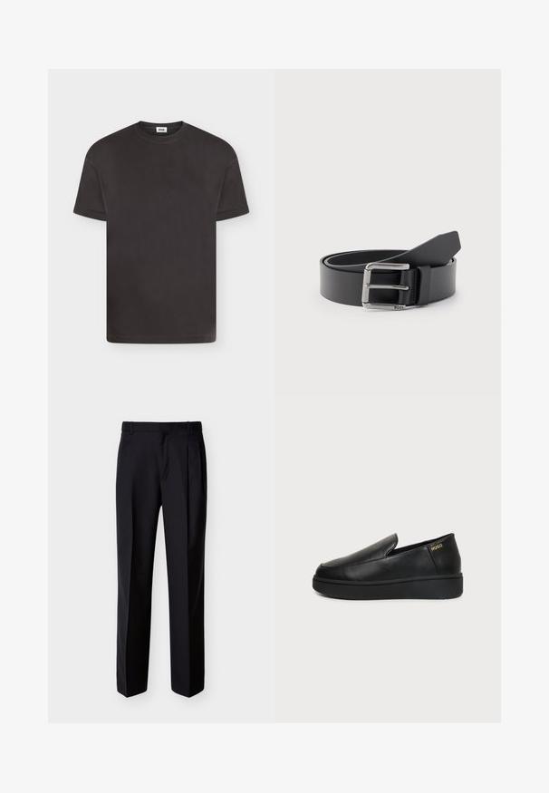 T-shirt noir basique à manches courtes et col rond avec un design de revers plié sur les manches, présenté sur fond blanc.; Pantalon noir ajusté à coupe droite, avec un devant plissé et des poches latérales. Confectionné dans un tissu lisse et léger à motif uni.; Chaussure noire en cuir à enfiler avec semelle épaisse et petits trous de ventilation latéraux, avec un logo doré "HUGO" près du talon.; Ceinture en cuir noir enroulée avec une boucle métallique rectangulaire argentée gravée "BOSS" sur un fond gris clair.