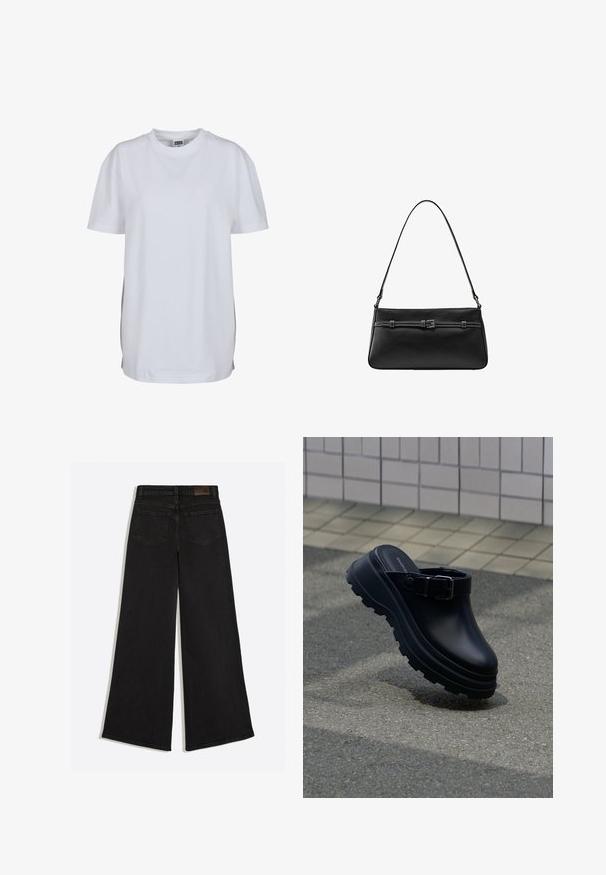 T-shirt blanc uni à manches courtes avec col rond, ourlet droit et petite étiquette de marque visible à l'intérieur du col.; Jean en denim noir à jambes larges vu de dos avec deux poches arrière et des passants de ceinture à la taille.; Sabot noir à enfiler avec semelle épaisse crantée et bride réglable, posé sur un sol en asphalte avec un mur carrelé en arrière-plan.; Sac à bandoulière en cuir noir avec une fine sangle réglable et un détail ceinture décoratif à l’avant.