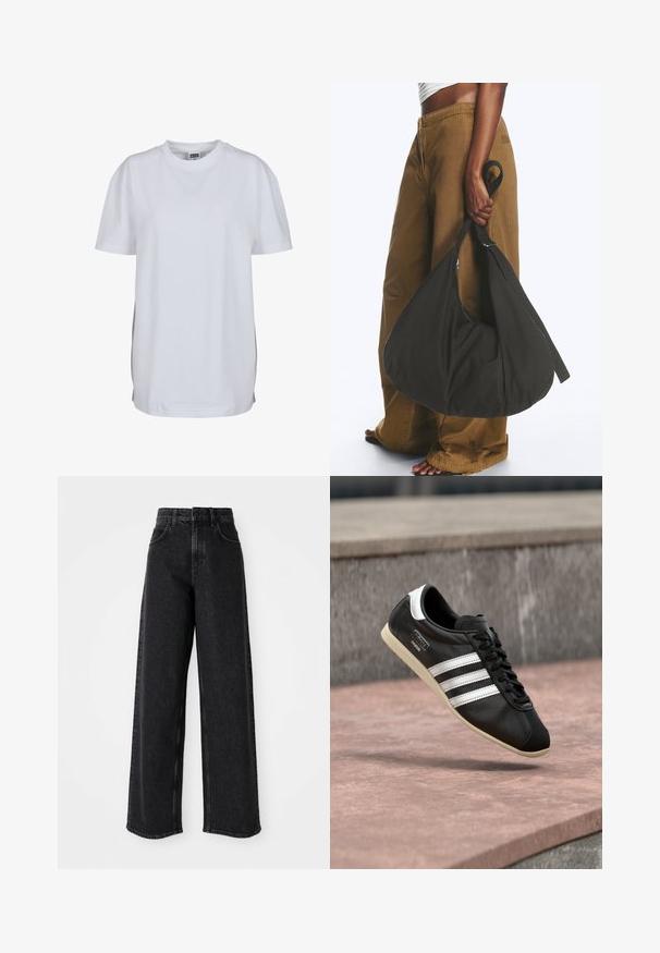 Effen wit T-shirt met korte mouwen en ronde hals, met een rechte zoom en een klein zichtbaar merklabel binnenin de kraag.; Zwarte high-waisted wide-leg jeans van denim, met een klassiek vijf-pocket ontwerp en subtiele stikdetails.; Zwarte leren sneaker met witte strepen en zool, veters gestrikt, zwevend boven een rozeachtig betonnen oppervlak met een grijze stenen muur op de achtergrond.; Persoon met bruine wijde broek en wit topje houdt een grote zwarte zachte handtas aan het hengsel bij hun zijde vast.