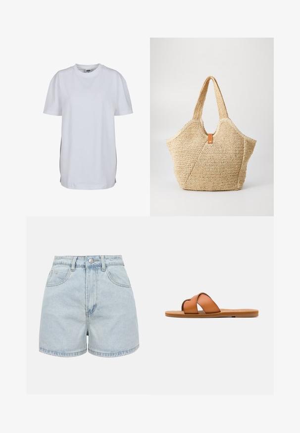 T-shirt blanc uni à manches courtes avec col rond, ourlet droit et petite étiquette de marque visible à l'intérieur du col.; Shorts en jean bleu clair à taille haute avec boutons sur le devant, fermeture éclair et deux poches avant sur fond uni.; Sandale diapositive en cuir marron avec des lanières croisées, semelle plate, texture lisse et caractéristiques de design minimaliste pour un usage décontracté.; Grand sac fourre-tout en paille avec un extérieur texturé beige et deux grandes poignées. Présente une sangle en cuir pour la fermeture.