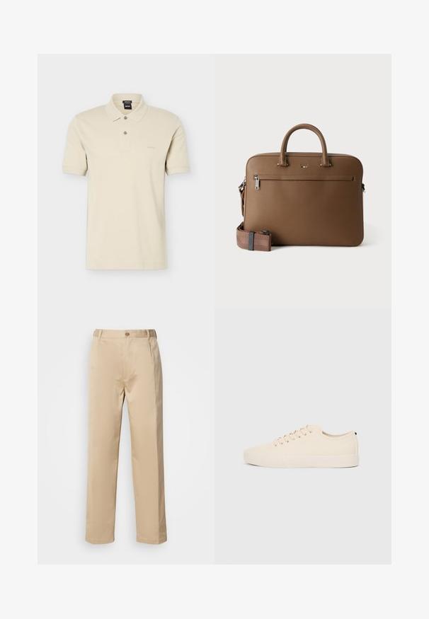 Polo beige à manches courtes avec deux boutons, coupe régulière, et petit logo « BOSS » sur le côté gauche de la poitrine.; Pantalons beiges en tissu léger, avec une coupe droite, une taille avec passants de ceinture et une fermeture à bouton sur le devant.; Baskets en toile beige avec bout arrondi, semelle en caoutchouc plate et lacets à l'avant. Présente un design minimaliste et un accent noir contrastant au niveau du talon.; Mallette en cuir marron avec poignées supérieures, poche avant zippée et bandoulière assortie amovible sur fond blanc.