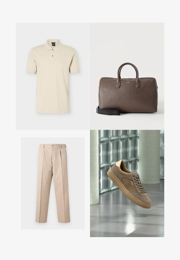 Polo beige à manches courtes avec deux boutons, coupe régulière, et petit logo « BOSS » sur le côté gauche de la poitrine.; Pantalon beige à jambes droites avec plis, fermeture par bouton, passants pour ceinture et coupe ajustée.; Baskets décontractées beiges avec lacets et logo « BOSS », flottant au-dessus d’un sol en béton poli avec un mur en blocs de verre en arrière-plan.; Sac de sport en cuir marron avec deux poignées, une bandoulière noire réglable et un petit logo "BOSS" au centre à l'avant.