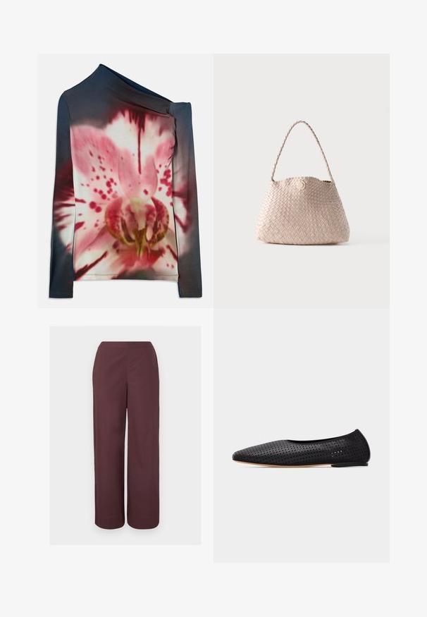 Langærmet top med asymmetrisk halsudskæring, prydet med et pink og hvidt blomstermønster på en mørk gradient baggrund. Fremstillet af strækstof.; Brune bredbenede bukser med høj talje, glat front og sidelommer, vist mod en ensartet lys baggrund.; Sort perforeret læderballetsko med spids tå og lav hæl, vist i sideprofil på hvid baggrund.; Beige vævet læder skuldertaske med rund form og flettet håndtag, med en lille rund læderknaplukning.