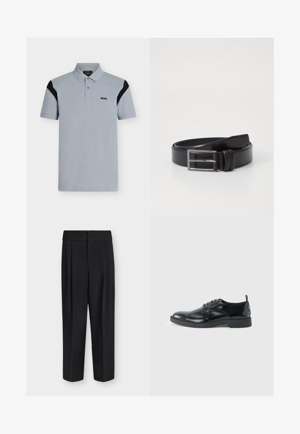 Polo gris clair à manches courtes avec des accents noirs sur les épaules et un logo "BOSS" sur la poitrine gauche, doté d'un col à deux boutons.; Pantalon noir taille haute à jambes droites avec plis devant et large ceinture, présenté à plat sur fond blanc.; Chaussure habillée en cuir noir brillant avec un petit talon, fermeture à lacets et bout rond, vue de côté sur un fond uni et clair.; Ceinture en cuir noir au toucher lisse, dotée d'une boucle rectangulaire en argent et d'un double détail de broche. Design classique et polyvalent.