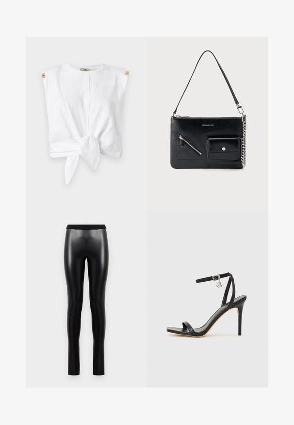 Haut blanc à manches courtes en coton avec un détail de nœud à l'avant. Doté d'accents aux épaules et d'un col rond. Texture lisse.; Leggings en simili cuir noir avec une texture lisse, une silhouette ajustée et une large ceinture. Aucune couture ni motif visible.; Sandale à talon haut noire avec une bride étroite à la cheville, bout carré, cuir lisse et accent de boucle métallique.; Sac à bandoulière en cuir noir Michael Kors avec fermeture éclair supérieure, poche avant zippée en diagonale, poche à rabat avec bouton-pression et détail en chaîne argentée.