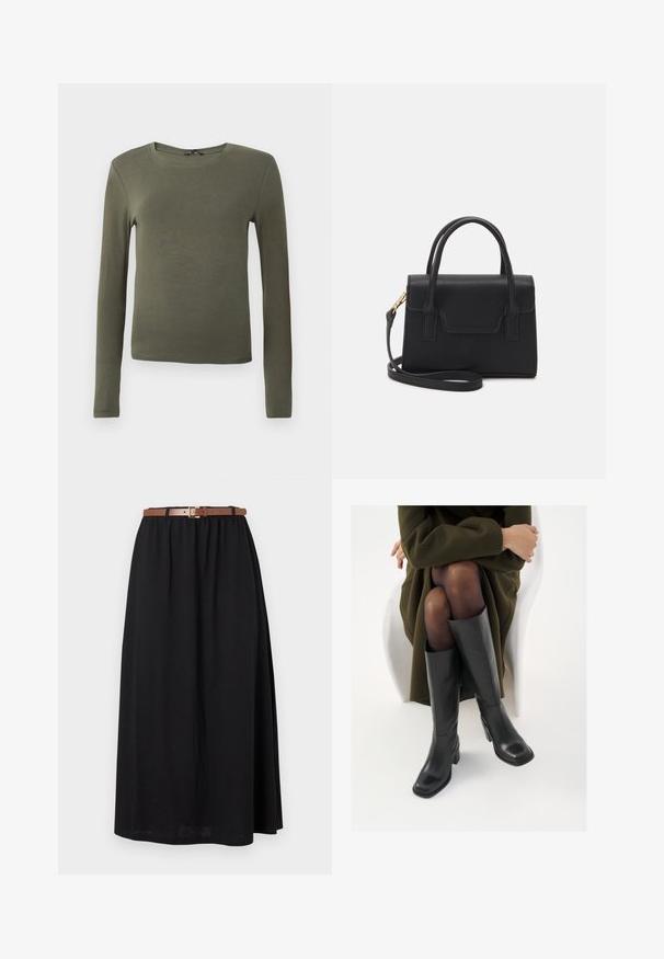 Olijfgroen top met lange mouwen, gemaakt van een gladde stof, met een ronde halslijn en een aansluitend ontwerp zonder patronen of accenten.; Zwarte maxi-rok van zachte stof, met een elastische tailleband en een bruine riem met een gouden gespsluiting als accent in de taille.; Knieschijf hoge zwarte leren laarzen met een vierkante neus en blokhak, getoond met een model dat zit in een olijfgroene jas. Gladde textuur, minimale details.; Zwarte gestructureerde handtas van leer met een bovenhandvat, een afneembare schouderriem en een voorflapdetail. Gouden hardwareaccenten.