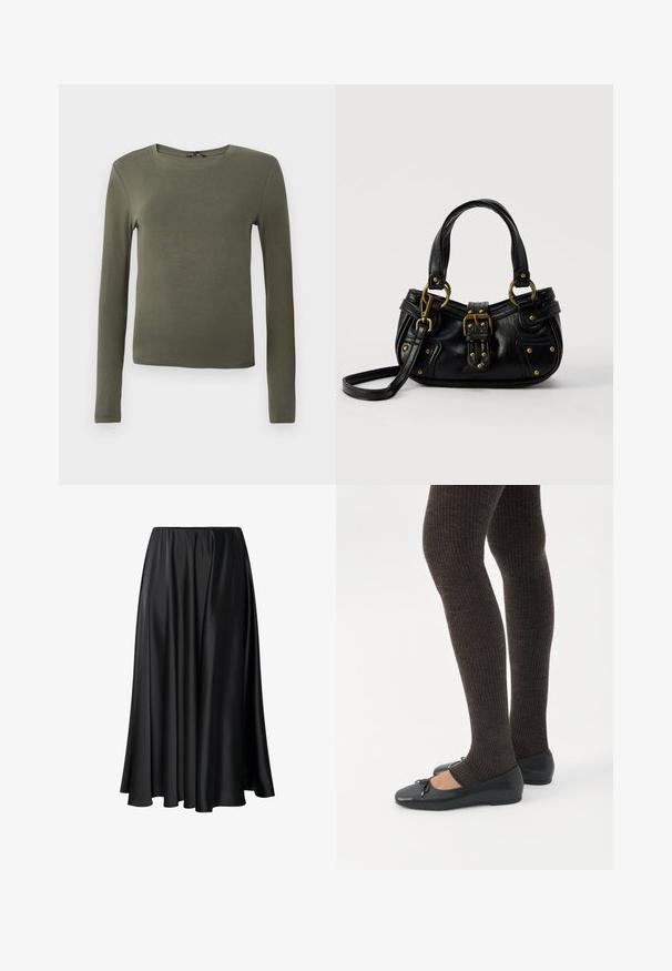 Olijfgroen top met lange mouwen, gemaakt van een gladde stof, met een ronde halslijn en een aansluitend ontwerp zonder patronen of accenten.; Zwarte maxi rok van gladde stof, met een elastische tailleband, een volle silhouet en een vloeiende zoom zonder zichtbare patronen of details.; Benen met donkere geribbelde leggings gecombineerd met zwarte ballerina's met kleine strikdetails op een witte achtergrond.; Zwarte leren handtas met gouden gesp en klinknagel details, korte handvatten en een verstelbare schouderriem op een effen witte achtergrond.