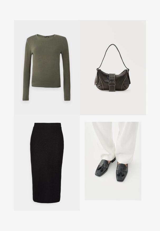 Langærmet olivengrønt top, lavet af glat stof, med en rund halsudskæring og en tætsiddende design uden mønstre eller detaljer.; Vero Moda Tall VMMONI CALF SKIRT - Pencil skirt - black/snow white; Sorte læderloafer med kvaster, firkantede tæer og dekorative syninger, kombineret med hvide bukser med vide ben.; Sort læder skuldertaske med spænde på remmen, afrundede kanter og kontrasterende hvide syninger på en ensfarvet baggrund.