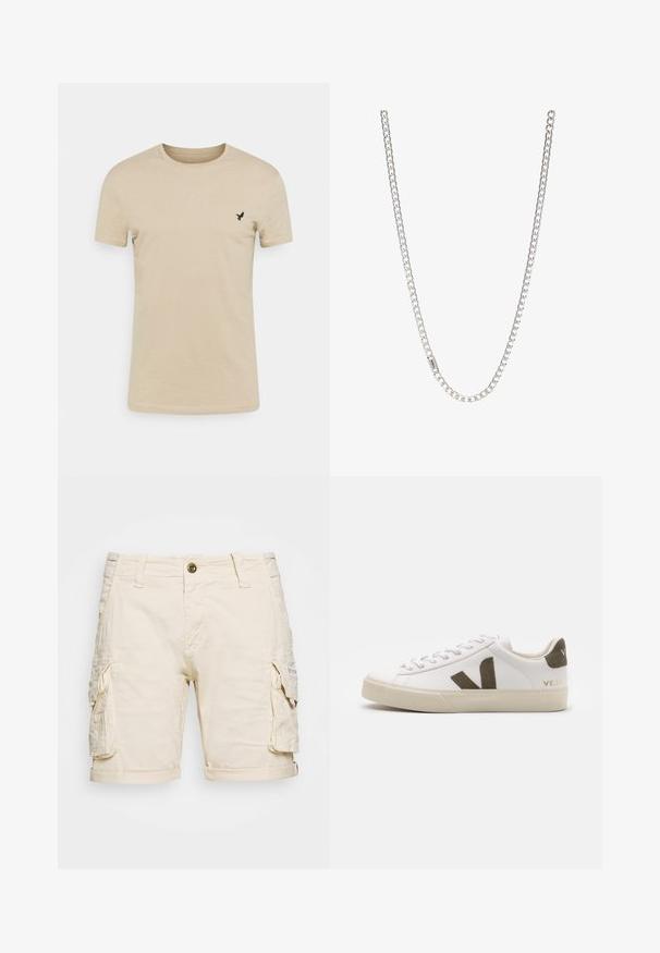 Beige T-shirt met korte mouwen, gemaakt van zachte stof, met een ronde halslijn en een klein zwart vogellogo op de linkerkant van de borst.; Beige cargoshorts met twee zijzakken, een opgerolde zoom, knoopsluiting en riemlussen. Gemaakt van lichtgewicht, struktueerstof.; Witte leren sneakers met een lichtbeige rubberen zool. Voorzien van een bruine suède V-logo en hieltab. Gespsluiting met een gestructureerd oppervlak.; Zilveren ketting met in elkaar grijpende schakels, een gladde textuur en een uniforme rechthoekige vorm. Veilige sluiting.